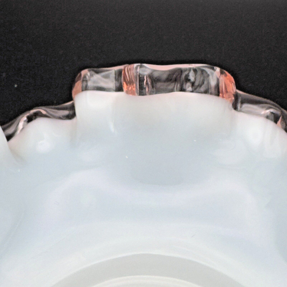 Vintage Fenton Rose Crest Milk Glass Bowl Dish Pink Ruffled Crimped Edges 6" - Picture 5 of 7